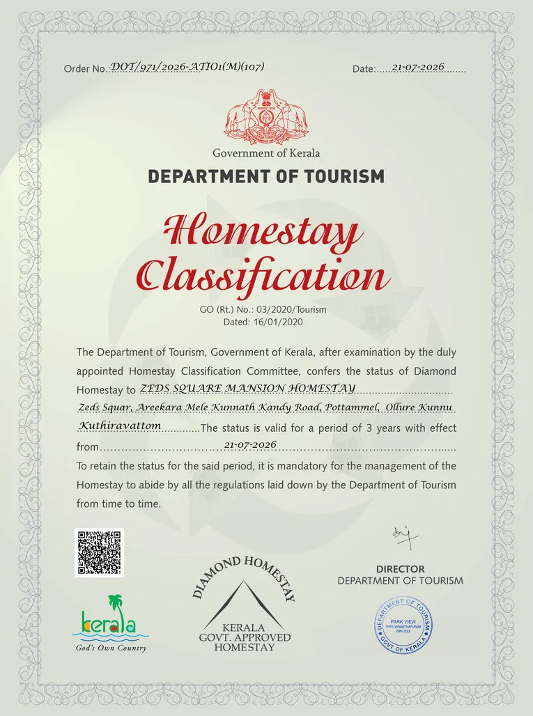 Kerala Department of Tourism certificate classifying Zeds Square Mansion as a Diamond homestay